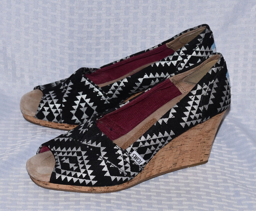 TOMS Reina Black & Silver Wedge Espadrille Size 8.5